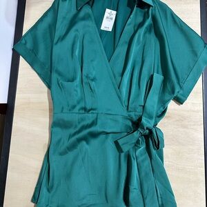 Teal Wrap Blouse with Tie Waist
